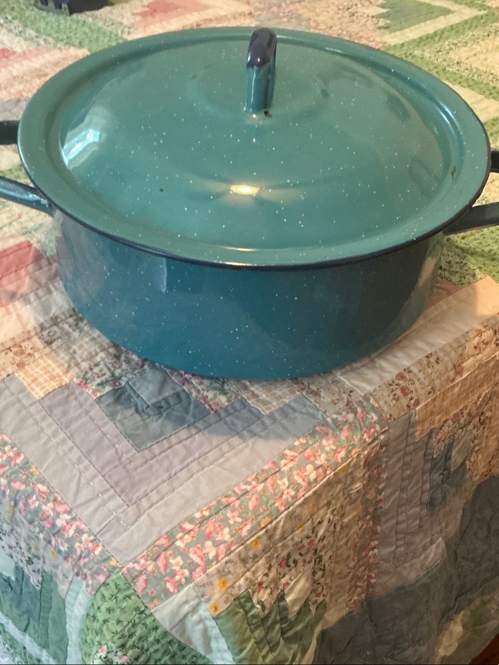 Vintage Enamel Covered Dutch Oven - Teal Farmhouse